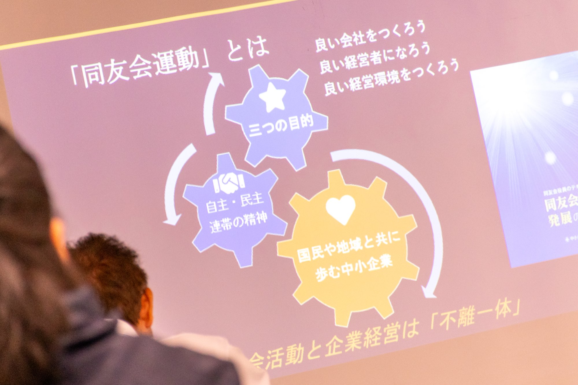 例会で経営体験を語り合う会員と「同友会 三つの目的」の掲示